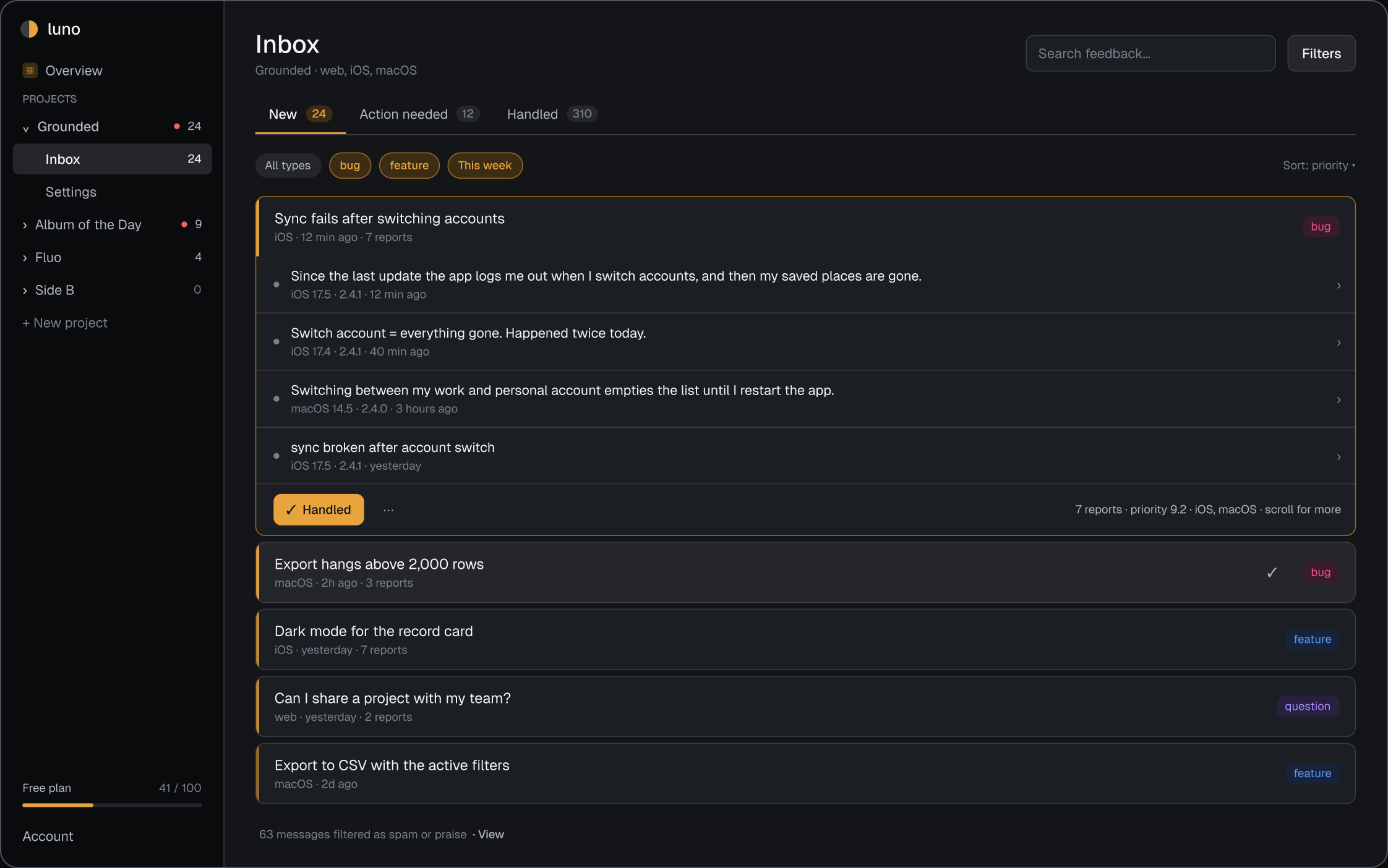 The Luno inbox on the web: a cluster of feedback about accounts that stop syncing, opened to show its individual messages.