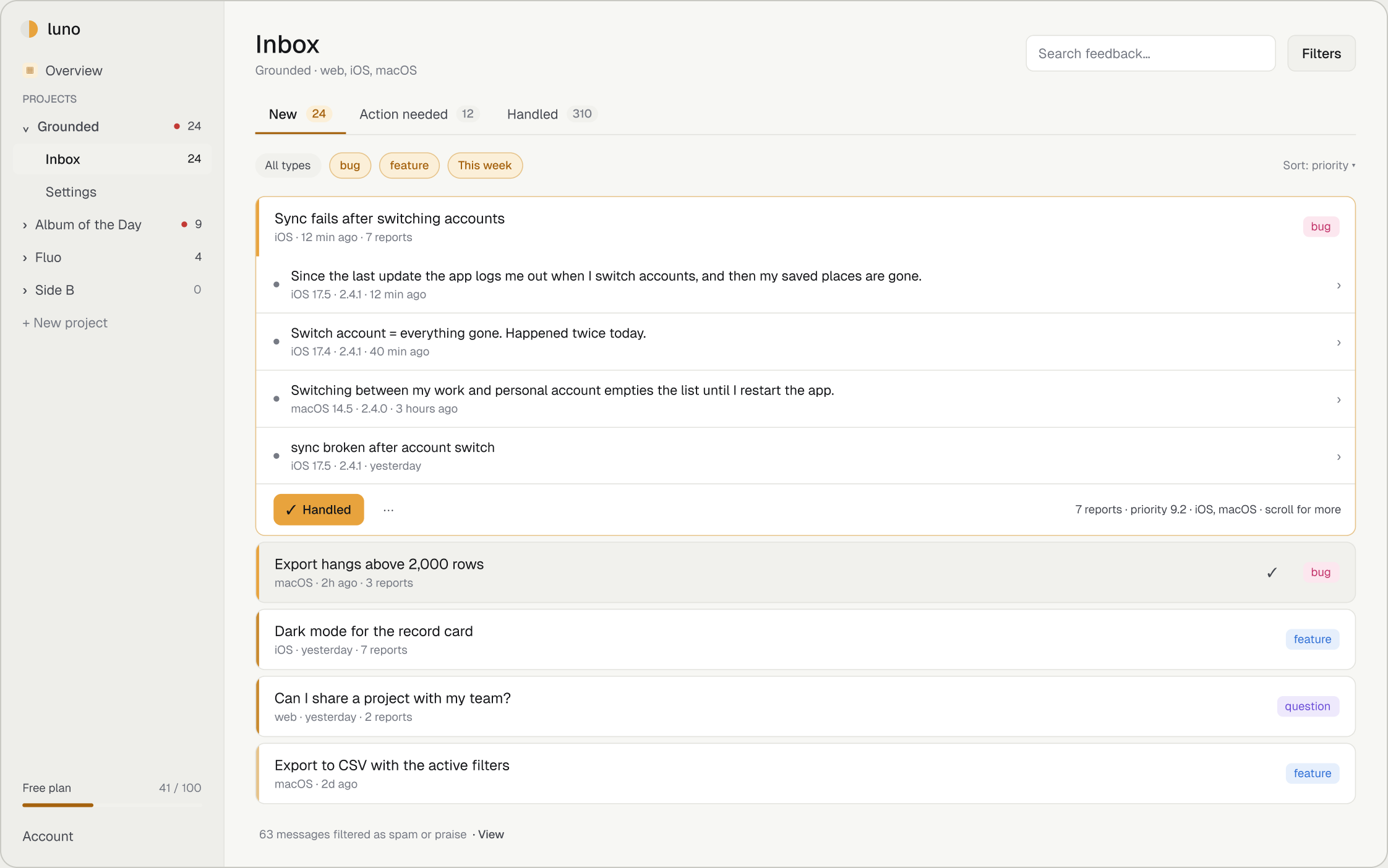 The Luno inbox on the web: a cluster of feedback about accounts that stop syncing, opened to show its individual messages.