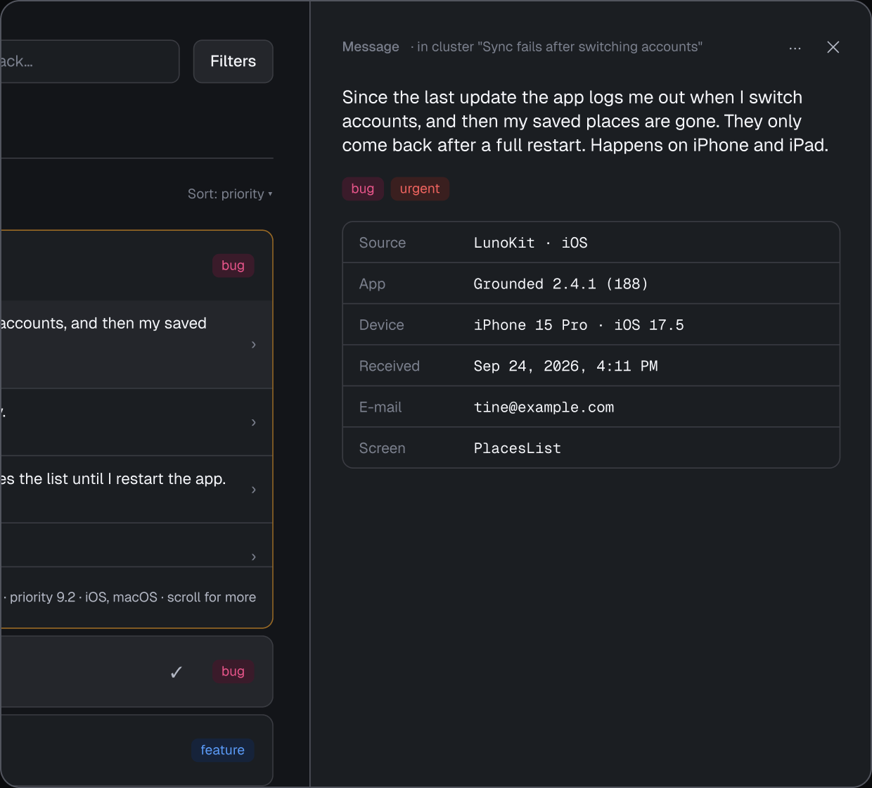 Luno's inbox with one message opened in a side sheet: the message text, its tags, and the source, app version, device and time it came from.