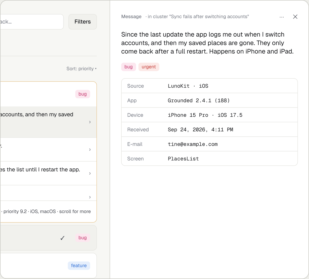 Luno's inbox with one message opened in a side sheet: the message text, its tags, and the source, app version, device and time it came from.